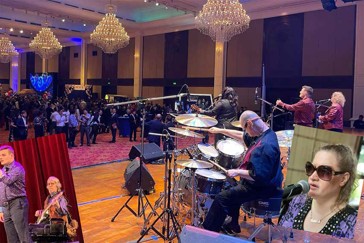 A lively event scene featuring a band performing on stage in a decorated hall with chandeliers. The crowd is gathered in the foreground, enjoying the performance. Three inset images show a male singer, a woman playing bass, and another woman singing at a microphone.