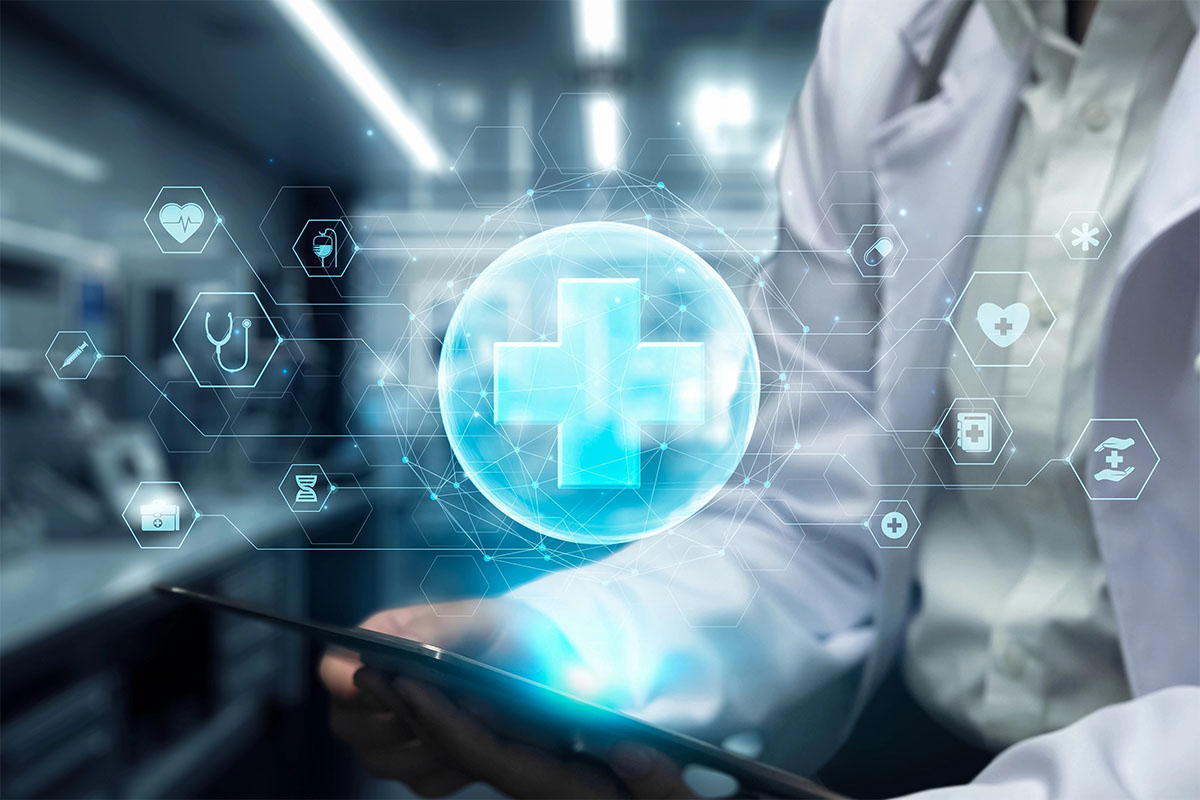 A healthcare professional in a lab coat holds a tablet with a digital interface displaying a glowing blue medical cross surrounded by various health-related icons and hexagons, set in a modern medical environment.