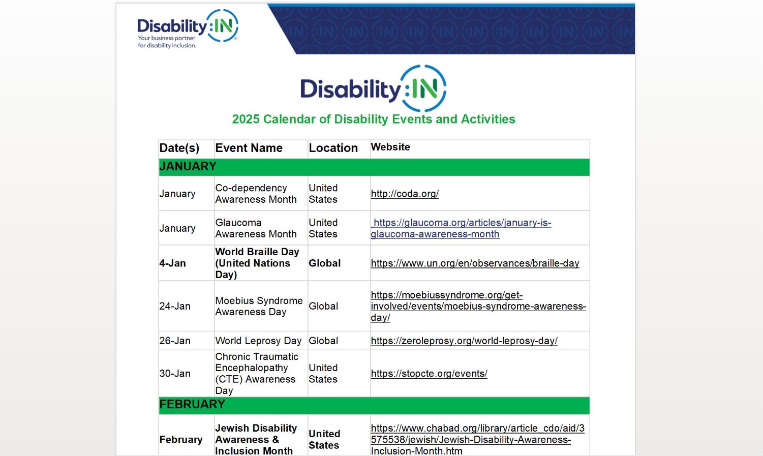Screenshot of 2025 Calendar of Disability Events and Activities