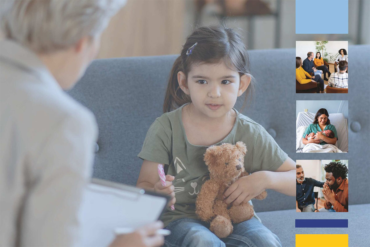 A young girl sits on a couch, holding a teddy bear and a pen, looking attentively at a woman who is partially visible, holding a clipboard. The background features a series of small images depicting group therapy and family interactions.