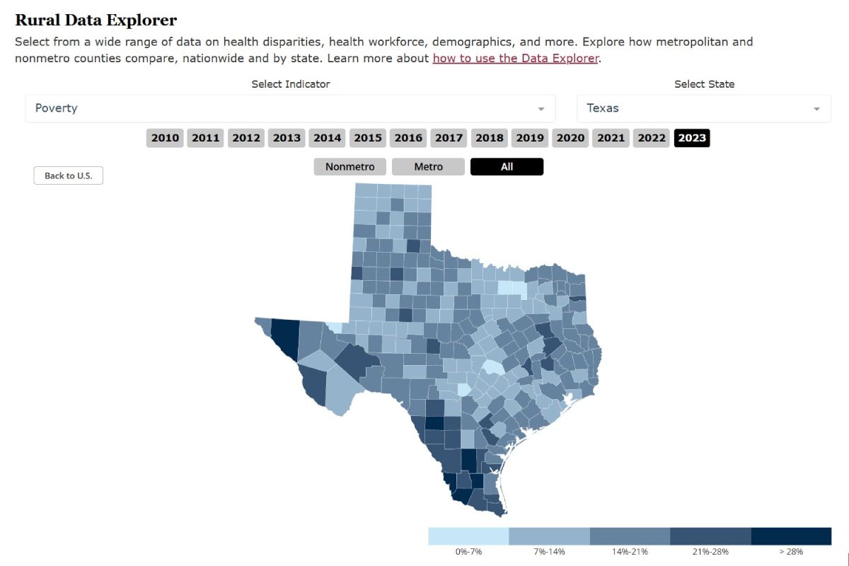 A screenshot of the Rural Data Explorer Page.