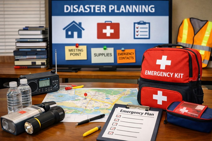 A desktop setting featuring a map, a checklist titled "Emergency Plan," two water bottles, a flashlight, a radio, and a red emergency kit bag with a white cross symbol. In the background, a screen displays "DISASTER PLANNING" alongside icons for meeting points, supplies, and emergency contacts.