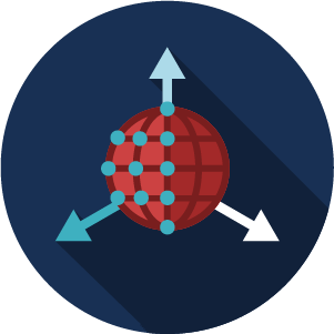 A flat-design style icon depicting a globe with arrows radiating outward.