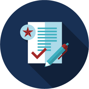 A flat-design style icon depicting a text document with a check mark.